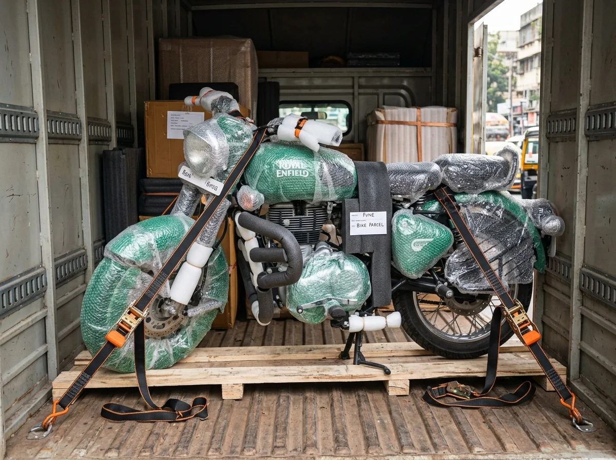 Two-wheeler bike parcel secured with protective foam wrapping and ratchet straps