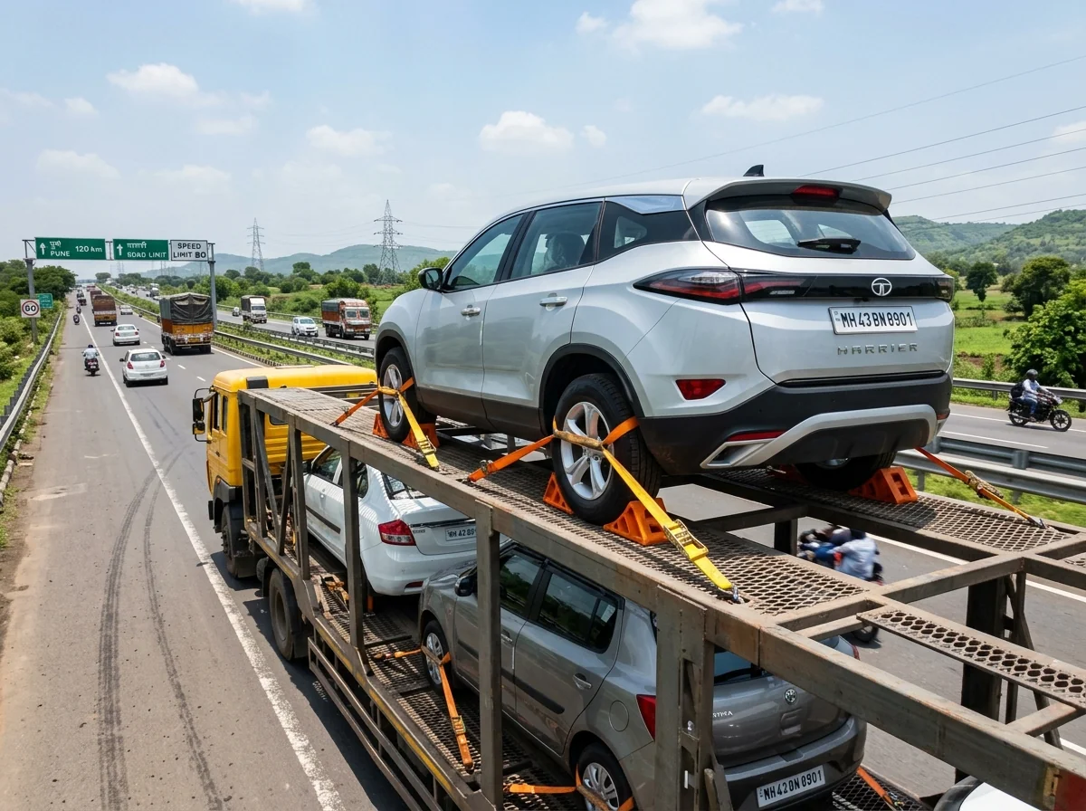 Car transportation on specialized auto carrier vehicle on Indian highway