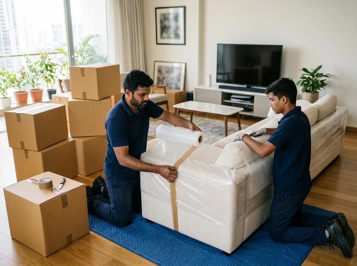 Professional movers packing household furniture and sofa in Bangalore