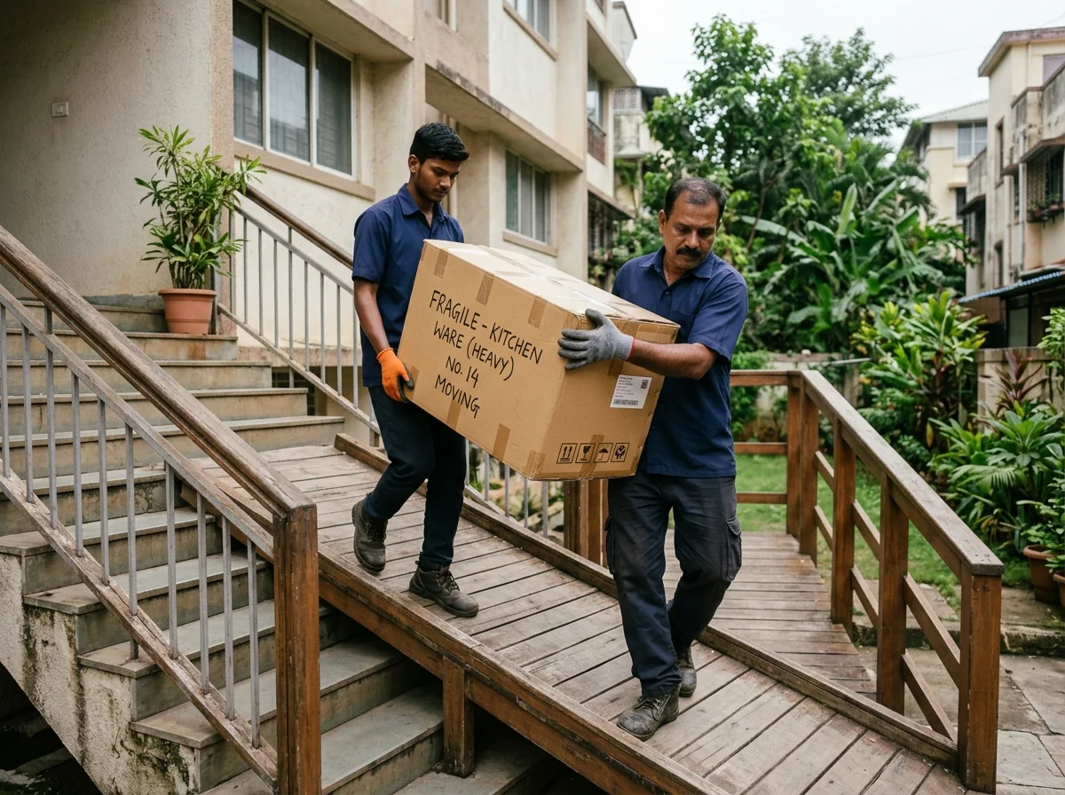 Professional moving workers safely handling heavy moving boxes down a ramp