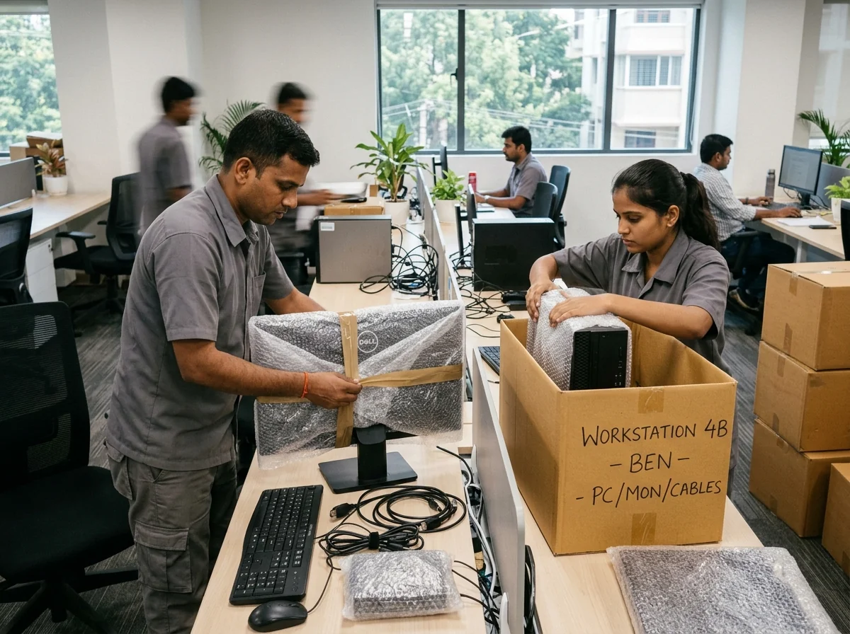Professional team packing office IT equipment and workstations in Bangalore