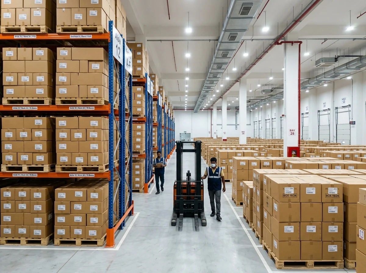 Organized logistics warehouse storage facility with pallet racking and clean cartons